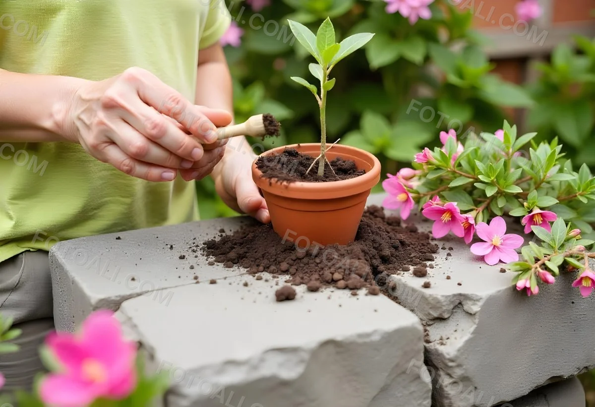 A Person S Hands Planting A Small Green Plant In A Clay Pot Surrounded By Soil And Pink Flowers In The Background 8 C121