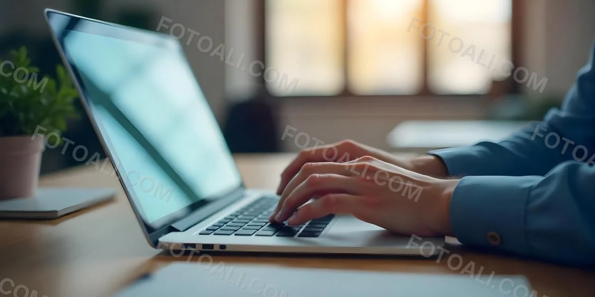 A Person S Hands Typing On A Laptop Keyboard In A Blurred Office Environment 2 13f2