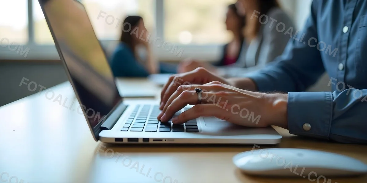 A Person S Hands Typing On A Laptop Keyboard In A Blurred Office Environment 3 1d58
