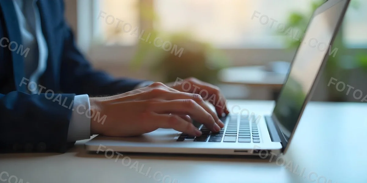 A Person S Hands Typing On A Laptop Keyboard In A Blurred Office Environment 4 0a2f