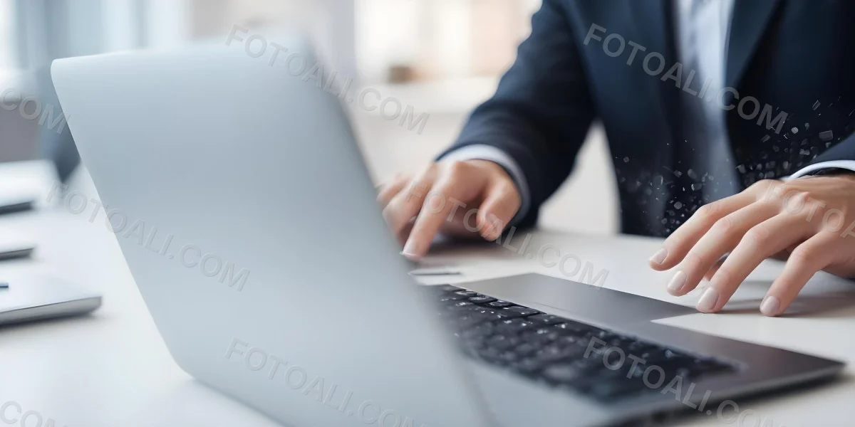 A Person S Hands Typing On A Laptop Keyboard In A Blurred Office Environment 7 0497