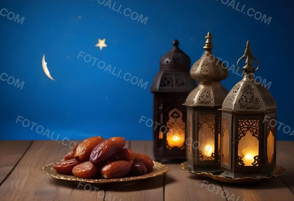A Pile Of Dates On A Golden Plate With Three Arabic Lanterns On A Wooden Table With A Crescent Moon In The Background 12 D6ff