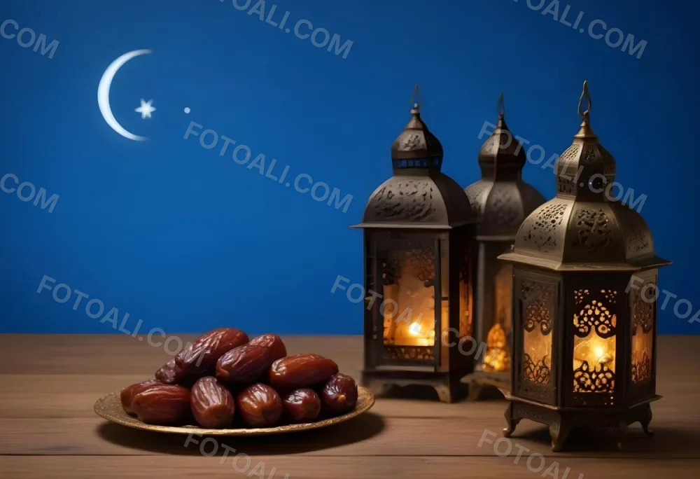 A Pile Of Dates On A Golden Plate With Three Arabic Lanterns On A Wooden Table With A Crescent Moon In The Background 15 3950