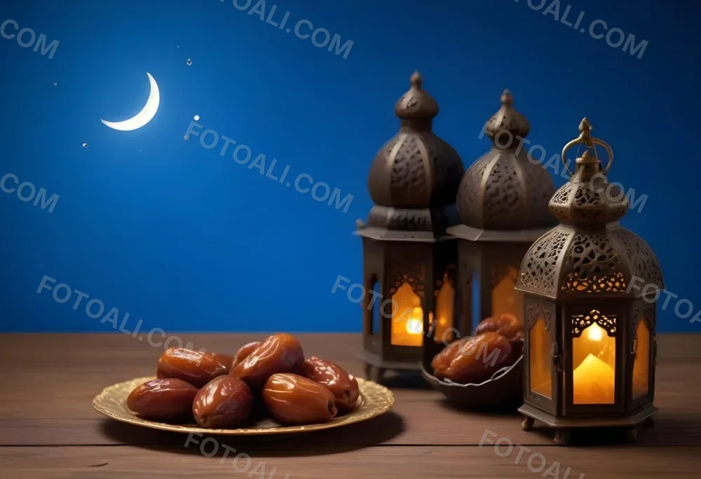 A Pile Of Dates On A Golden Plate With Three Arabic Lanterns On A Wooden Table With A Crescent Moon In The Background 19 1cbf