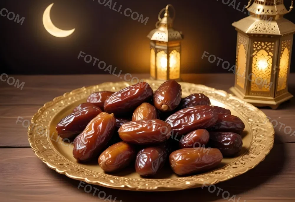 A Pile Of Dates On A Golden Plate With Three Arabic Lanterns On A Wooden Table With A Crescent Moon In The Background 21 72a7