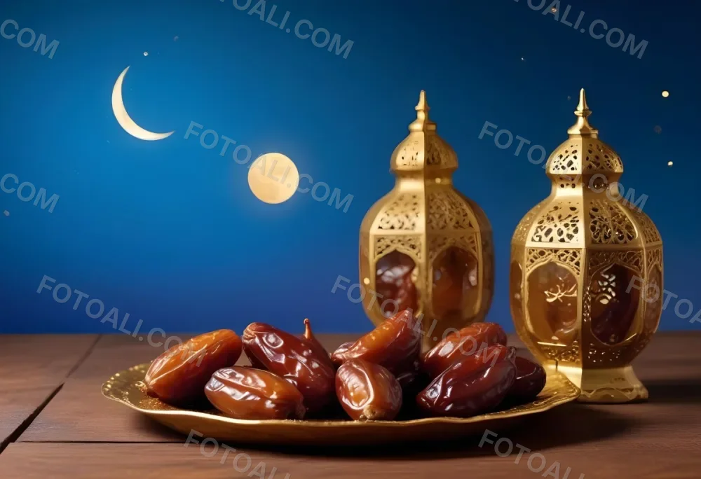 A Pile Of Dates On A Golden Plate With Three Arabic Lanterns On A Wooden Table With A Crescent Moon In The Background 22 2169