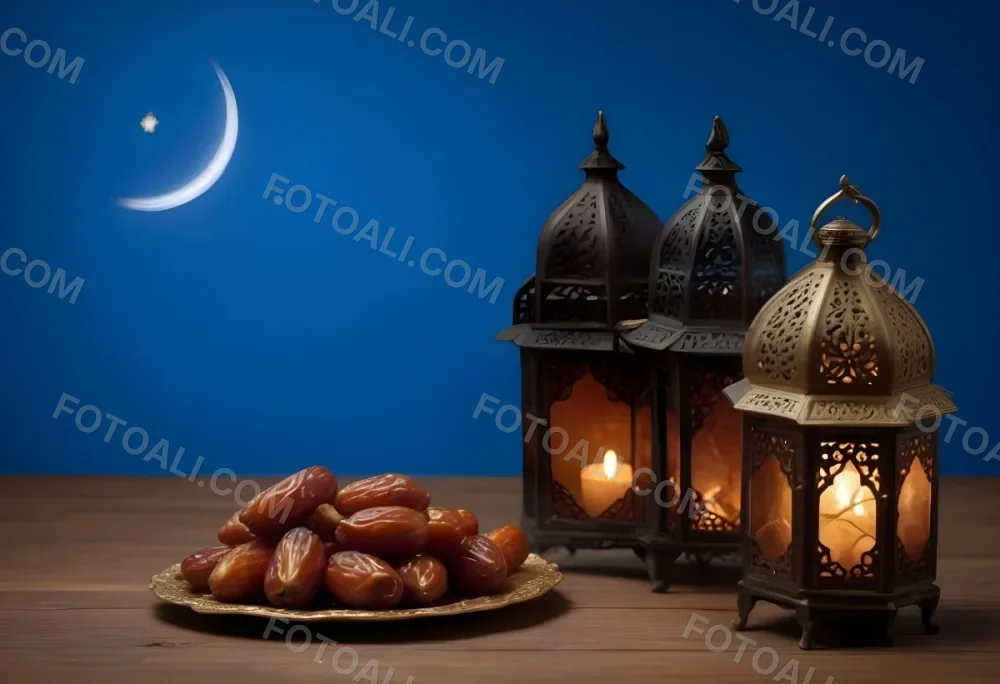 A Pile Of Dates On A Golden Plate With Three Arabic Lanterns On A Wooden Table With A Crescent Moon In The Background 3 Ad8a
