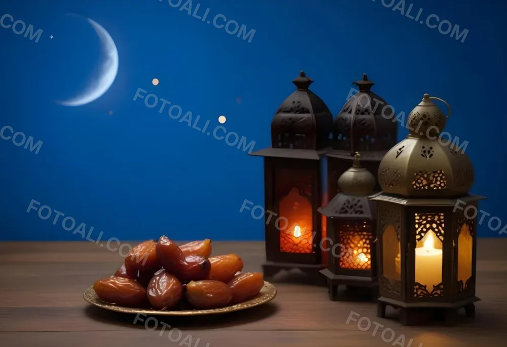 A Pile Of Dates On A Golden Plate With Three Arabic Lanterns On A Wooden Table With A Crescent Moon In The Background 5 7bc1