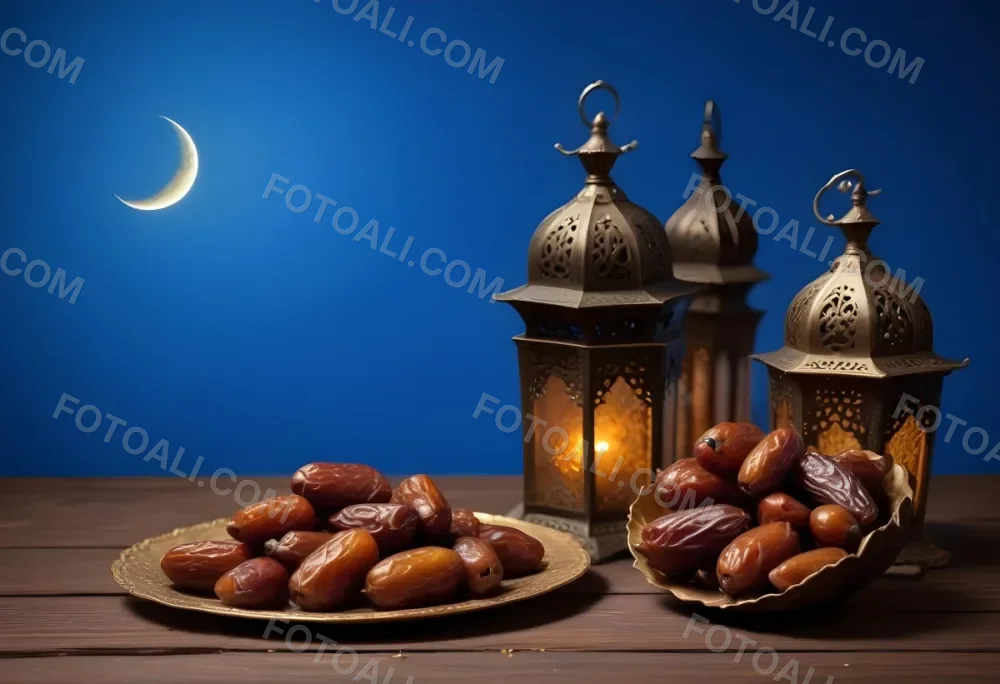 A Pile Of Dates On A Golden Plate With Three Arabic Lanterns On A Wooden Table With A Crescent Moon In The Background 6 A324