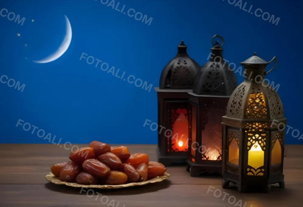 A Pile Of Dates On A Golden Plate With Three Arabic Lanterns On A Wooden Table With A Crescent Moon In The Background 7 179a