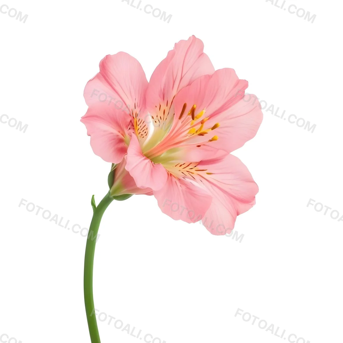A Pink Alstroemeria Flower With Yellow Details On A Green Stem Isolated On A White Background Studio Shot Soft Lighting High Resolution 17 0364