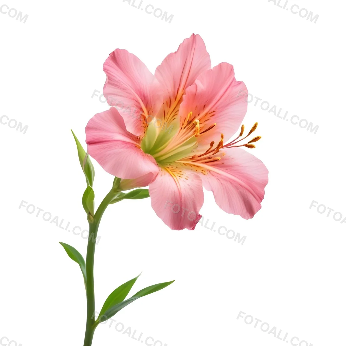 A Pink Alstroemeria Flower With Yellow Details On A Green Stem Isolated On A White Background Studio Shot Soft Lighting High Resolution 19 55e6