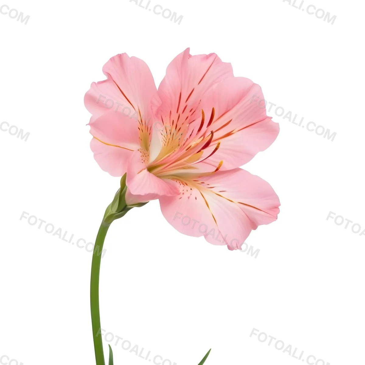 A Pink Alstroemeria Flower With Yellow Details On A Green Stem Isolated On A White Background Studio Shot Soft Lighting High Resolution 26 B741