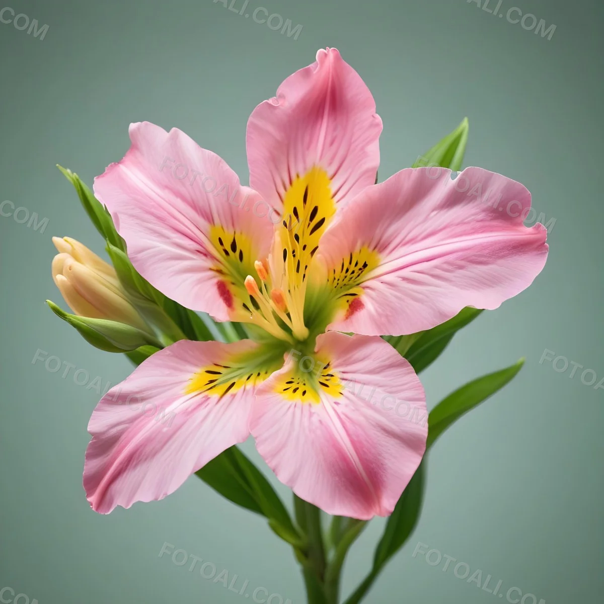 A Pink Alstroemeria Flower With Yellow Details On A Green Stem Isolated On A White Background Studio Shot Soft Lighting High Resolution 29 3fd3