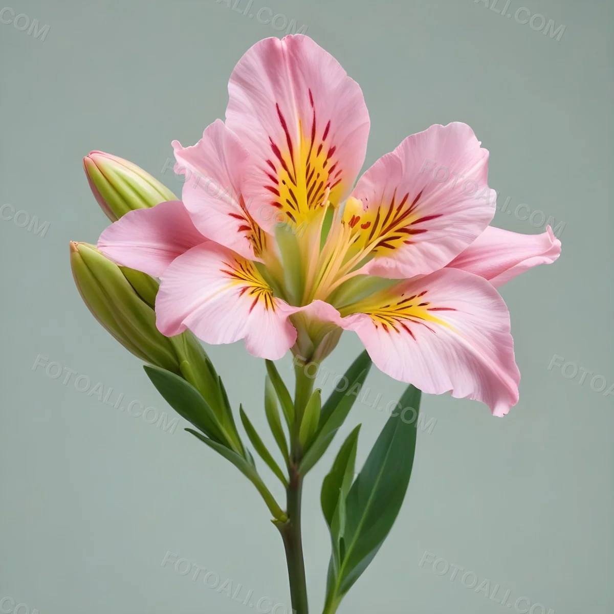 A Pink Alstroemeria Flower With Yellow Details On A Green Stem Isolated On A White Background Studio Shot Soft Lighting High Resolution 38 A44e