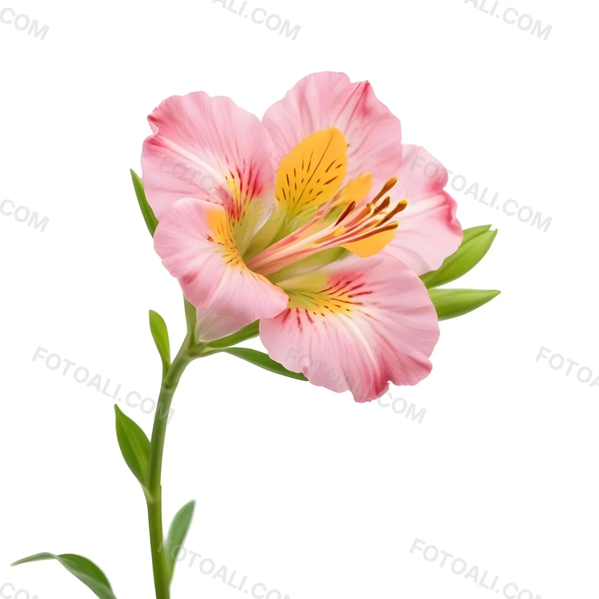 A Pink Alstroemeria Flower With Yellow Details On A Green Stem Isolated On A White Background Studio Shot Soft Lighting High Resolution 40 14af