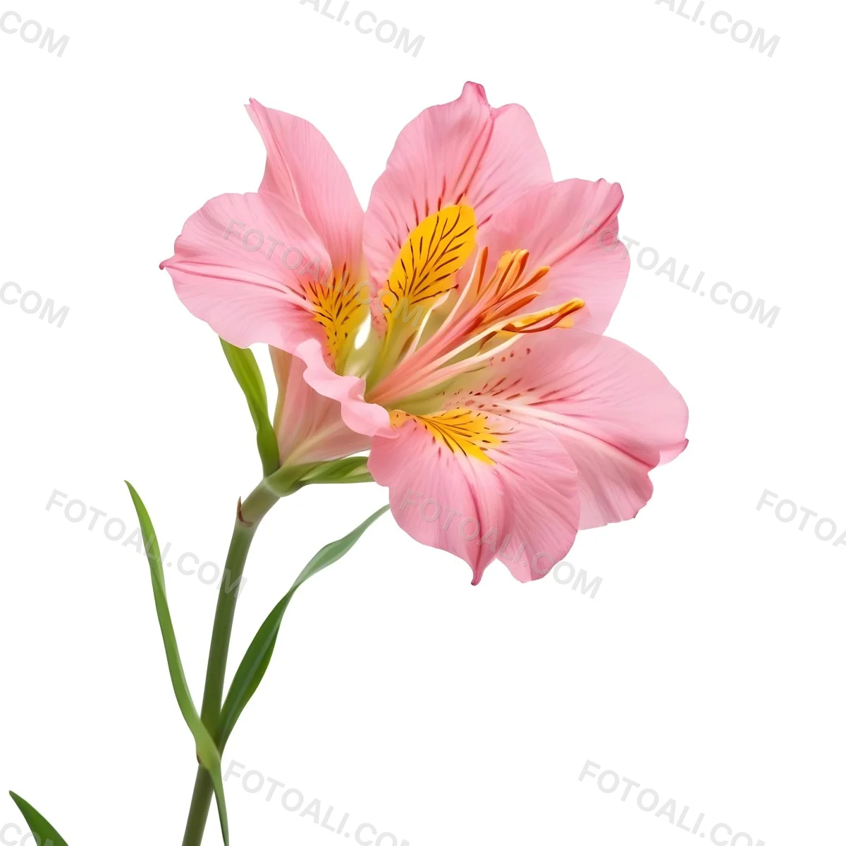 A Pink Alstroemeria Flower With Yellow Details On A Green Stem Isolated On A White Background Studio Shot Soft Lighting High Resolution 6 5e51