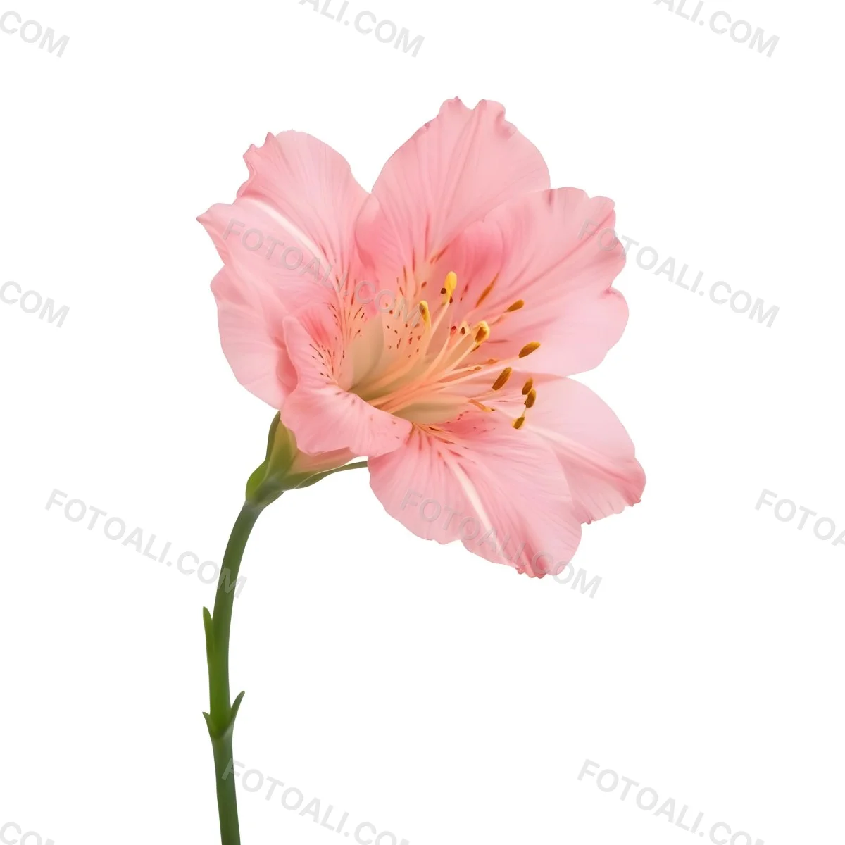 A Pink Alstroemeria Flower With Yellow Details On A Green Stem Isolated On A White Background Studio Shot Soft Lighting High Resolution 7 35ca