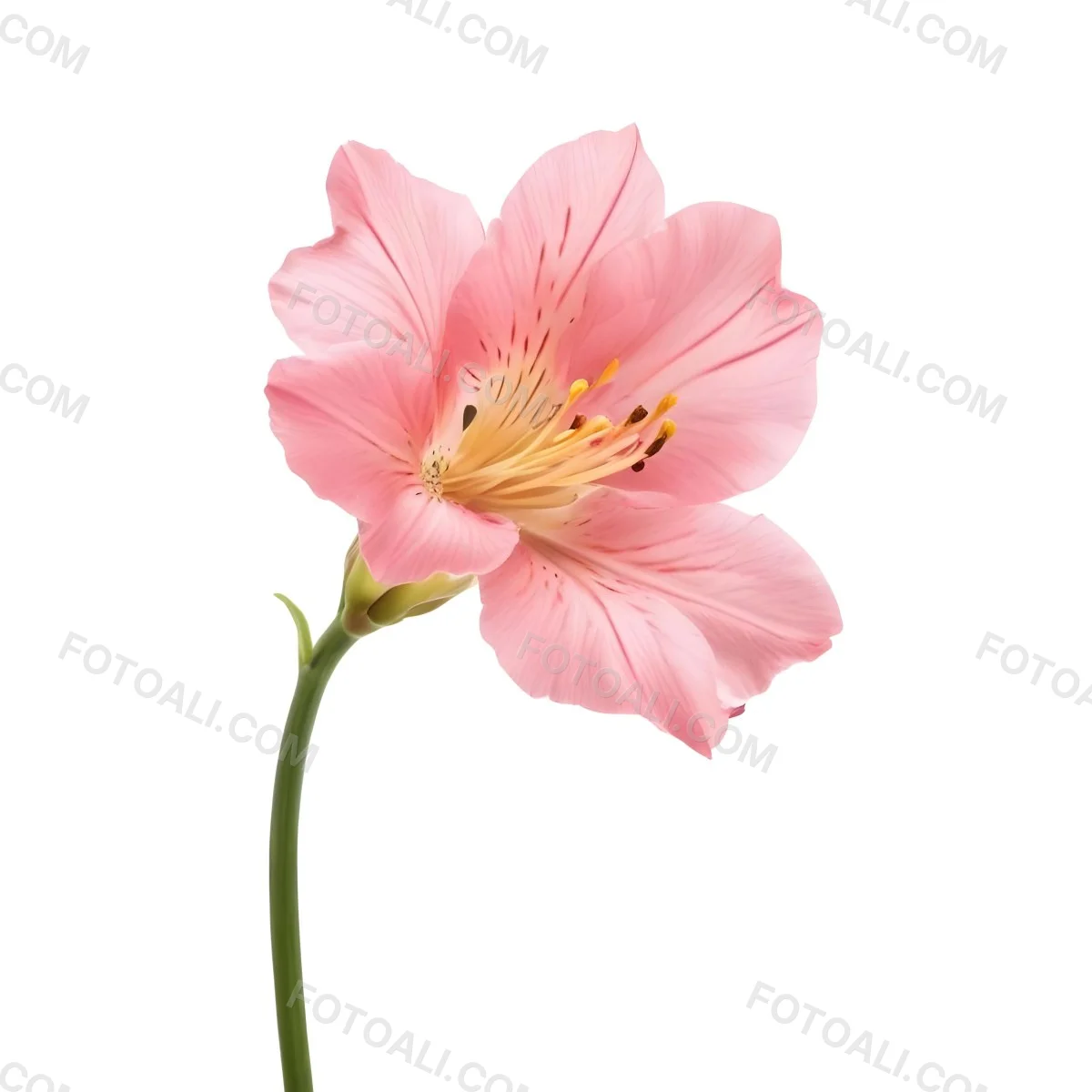 A Pink Alstroemeria Flower With Yellow Details On A Green Stem Isolated On A White Background Studio Shot Soft Lighting High Resolution 8 D4cb