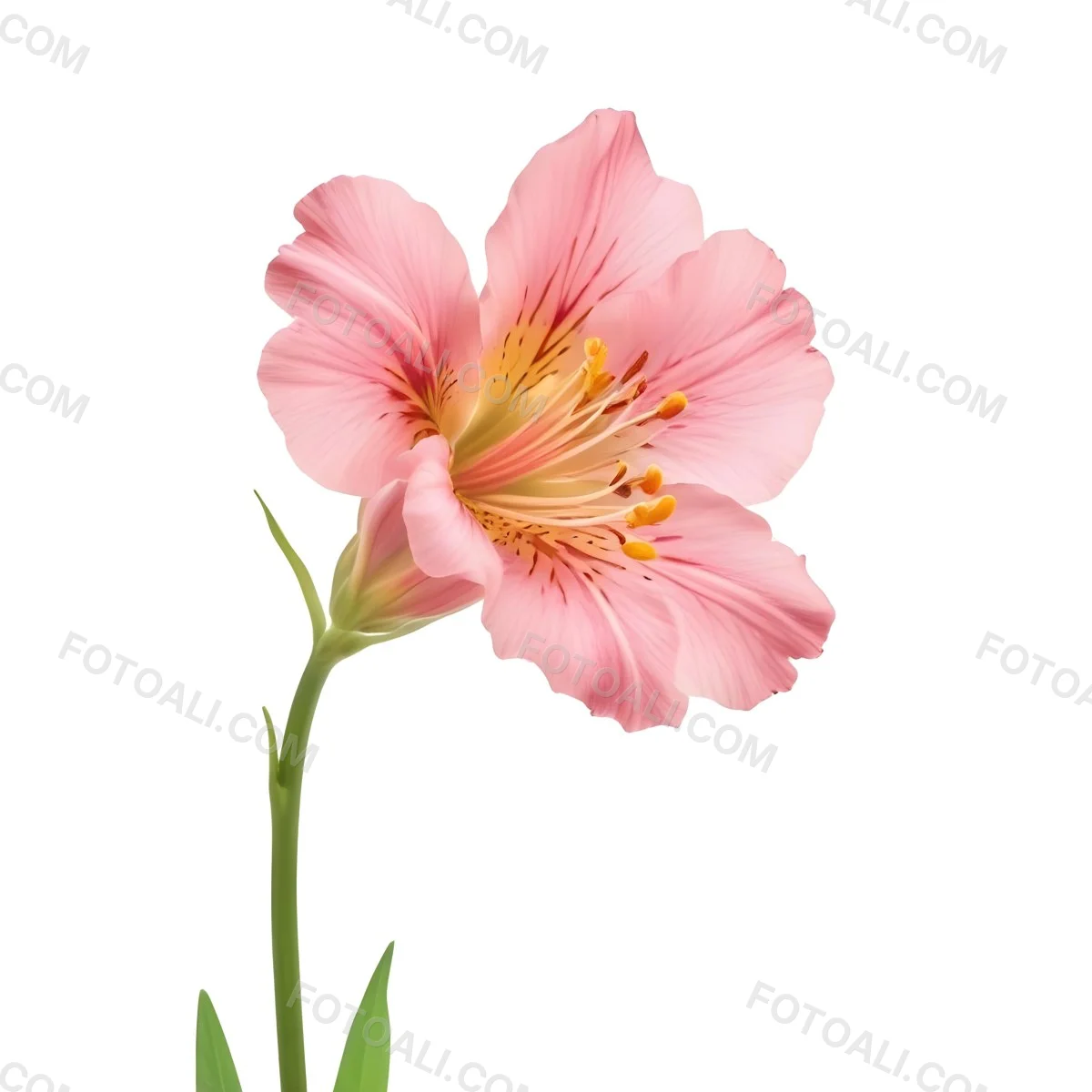 A Pink Alstroemeria Flower With Yellow Details On A Green Stem Isolated On A White Background Studio Shot Soft Lighting High Resolution 9 8b6b