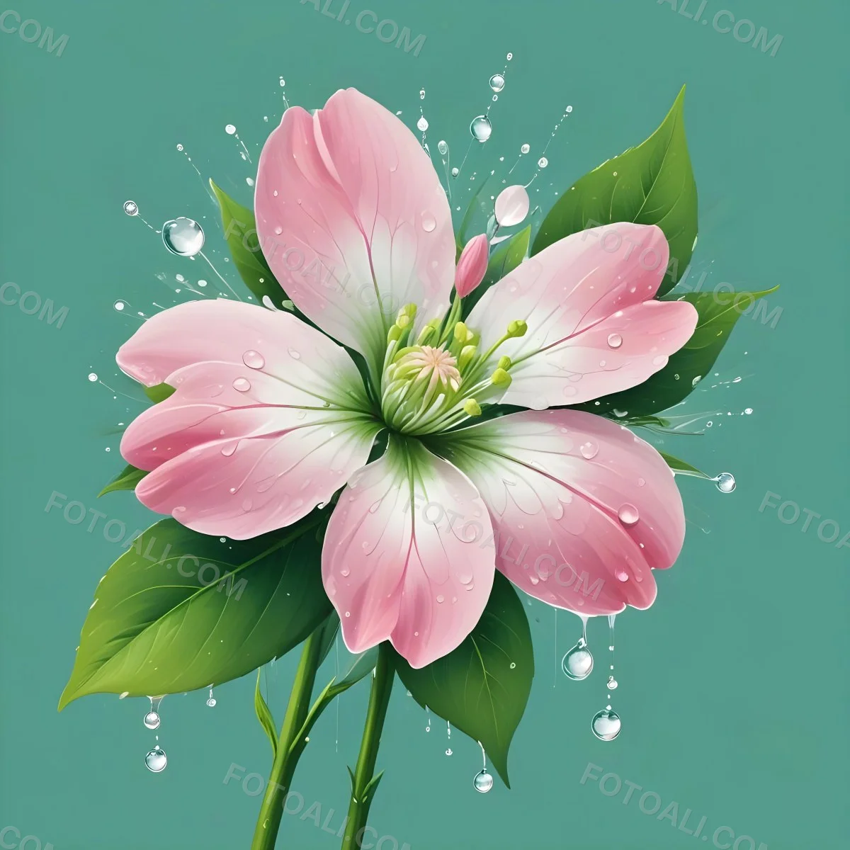 A Pink And White Flower With Green Leaves And Stem Water Drops In The Background Pink Background 24 03c1