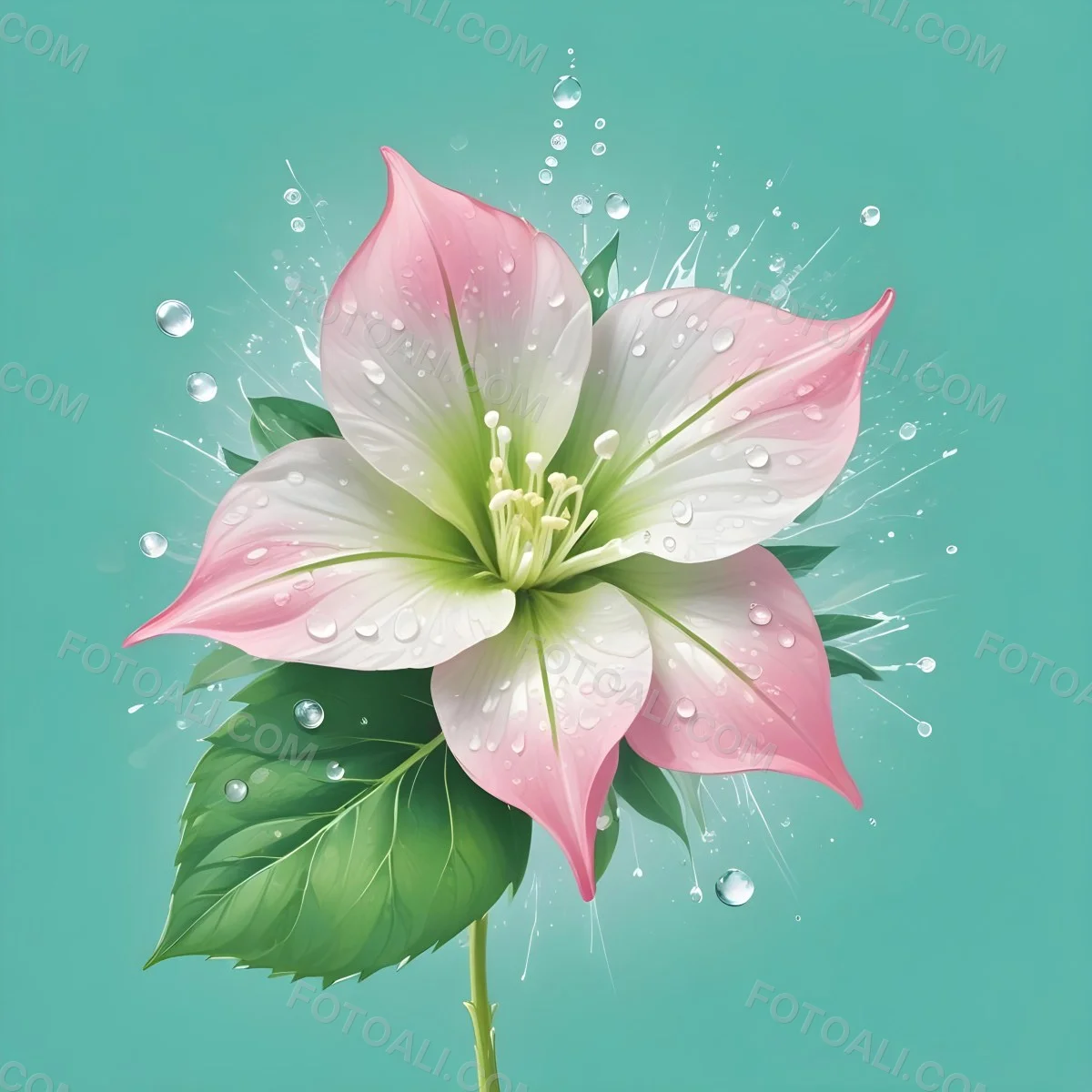 A Pink And White Flower With Green Leaves And Stem Water Drops In The Background Pink Background 35 6e79