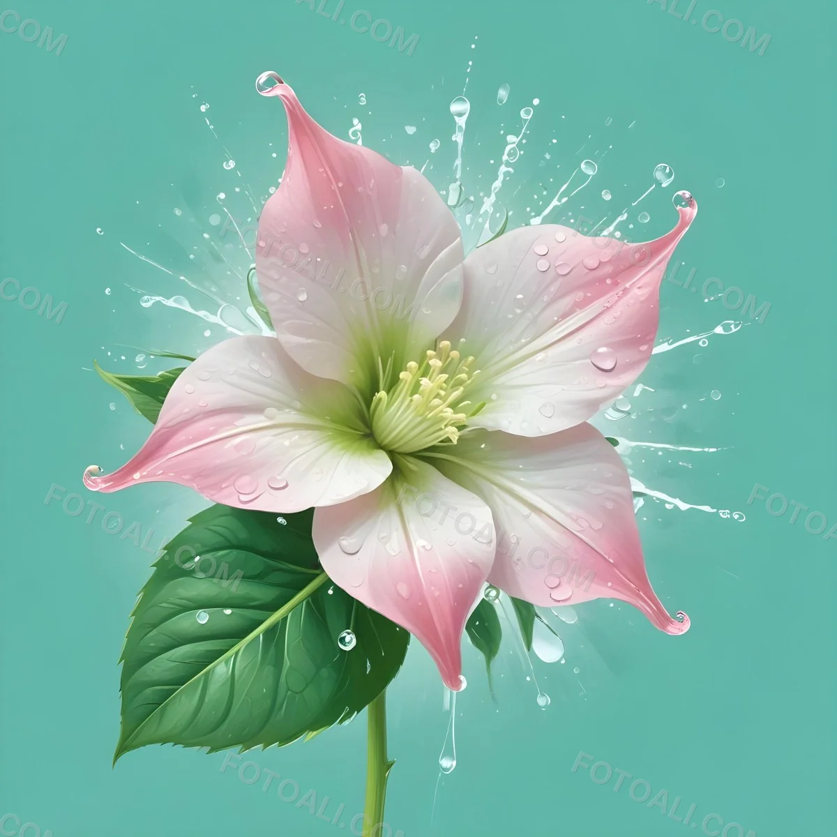 A Pink And White Flower With Green Leaves And Stem Water Drops In The Background Pink Background 39 940b