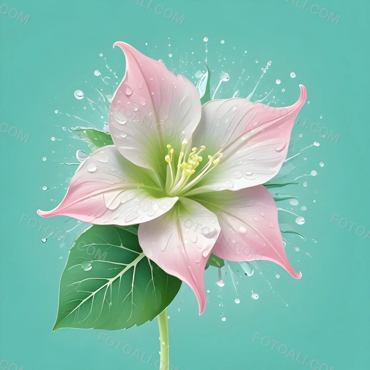 A Pink And White Flower With Green Leaves And Stem Water Drops In The Background Pink Background 42 E2ec