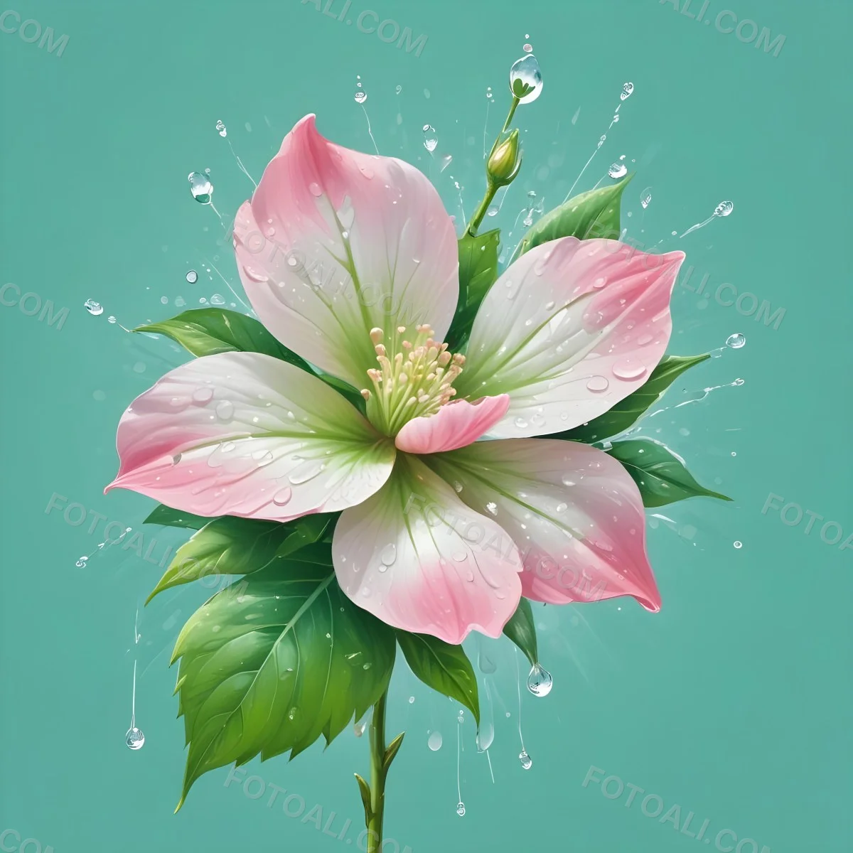A Pink And White Flower With Green Leaves And Stem Water Drops In The Background Pink Background 7 326d
