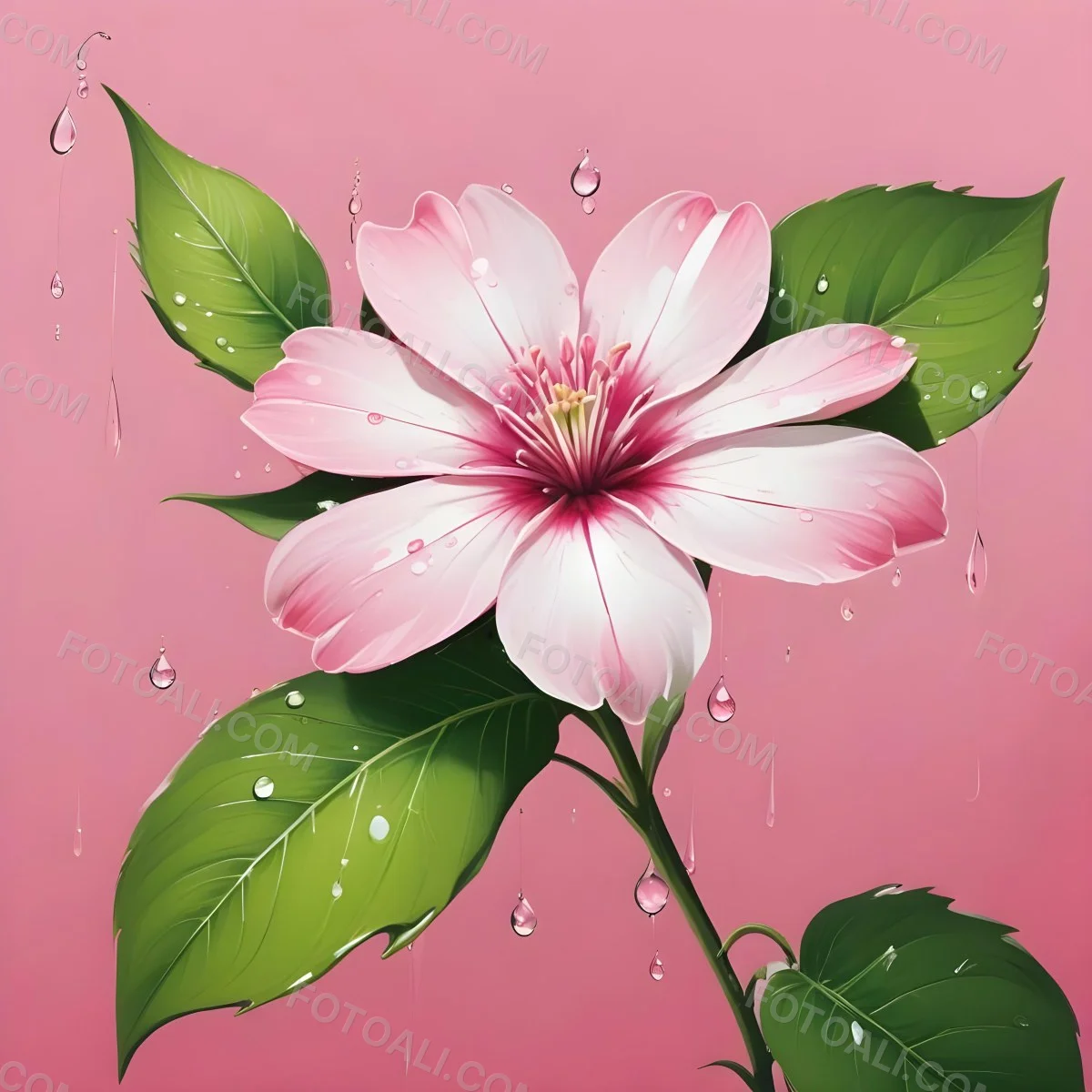 A Pink And White Flower With Green Leaves And Stem Water Drops In The Background Pink Background 9 120e