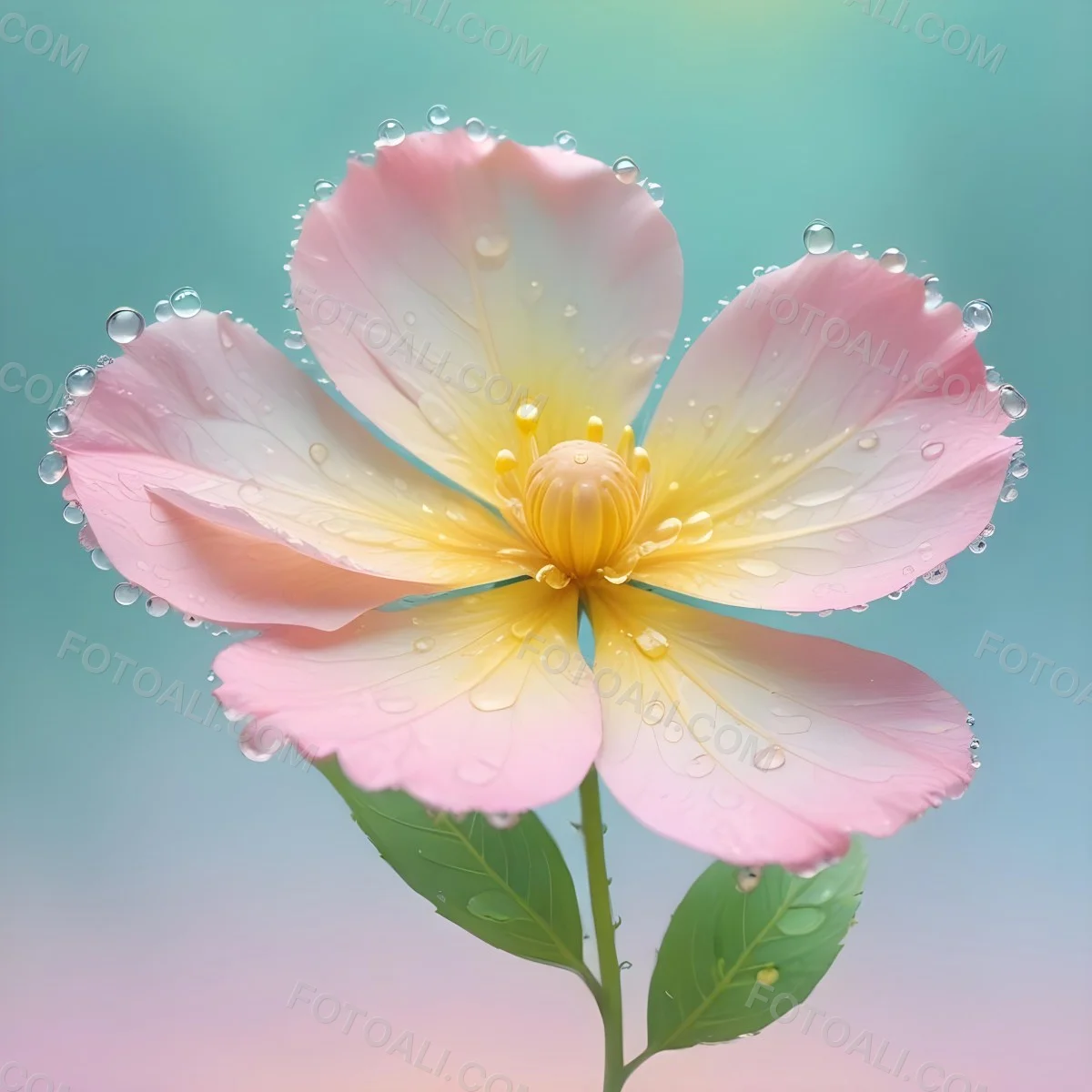 A Pink And Yellow Flower With Water Droplets On The Petals Yellow Leaves Pastel Background Soft Lighting Smooth Texture Whimsical Elegant Vibrant Colors Dreamy Atmosphere 18 7ab7 1a8e