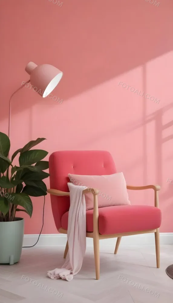 A Pink Armchair With A Potted Plant And A Pink Lamp In A Pink Room 13 E395