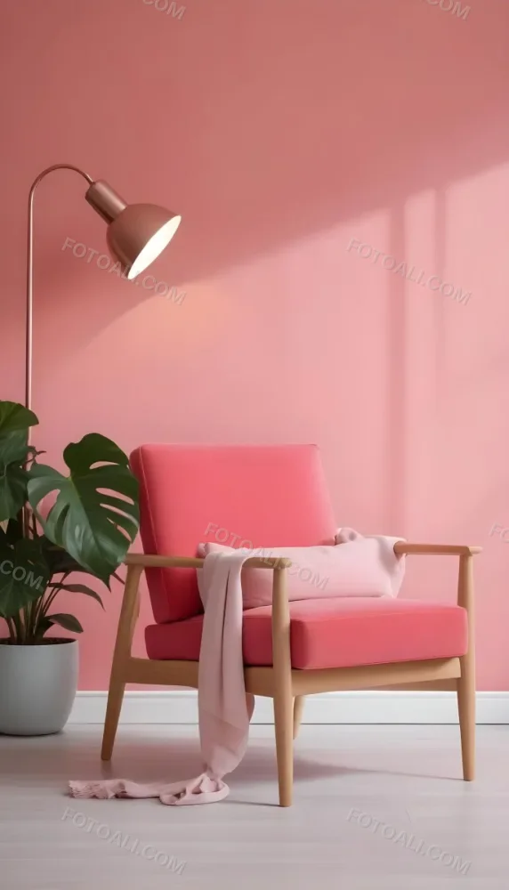 A Pink Armchair With A Potted Plant And A Pink Lamp In A Pink Room 6 3d38