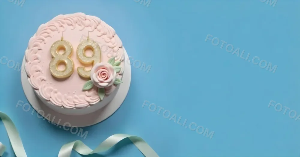 A Pink Cake With Number 89 Candles And A Rose Decoration On Top A Light Green Ribbon On A Blue Background 10 50cb