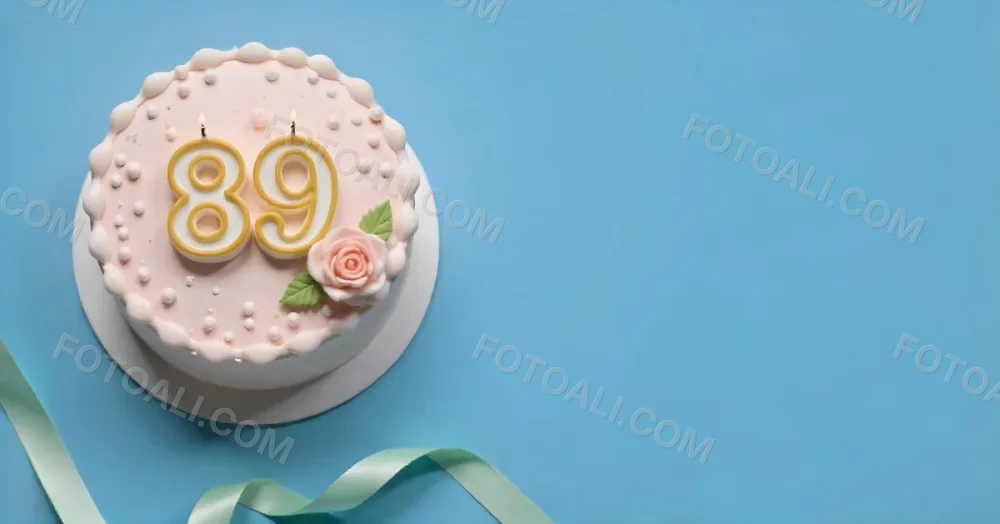 A Pink Cake With Number 89 Candles And A Rose Decoration On Top A Light Green Ribbon On A Blue Background 2 0ffe