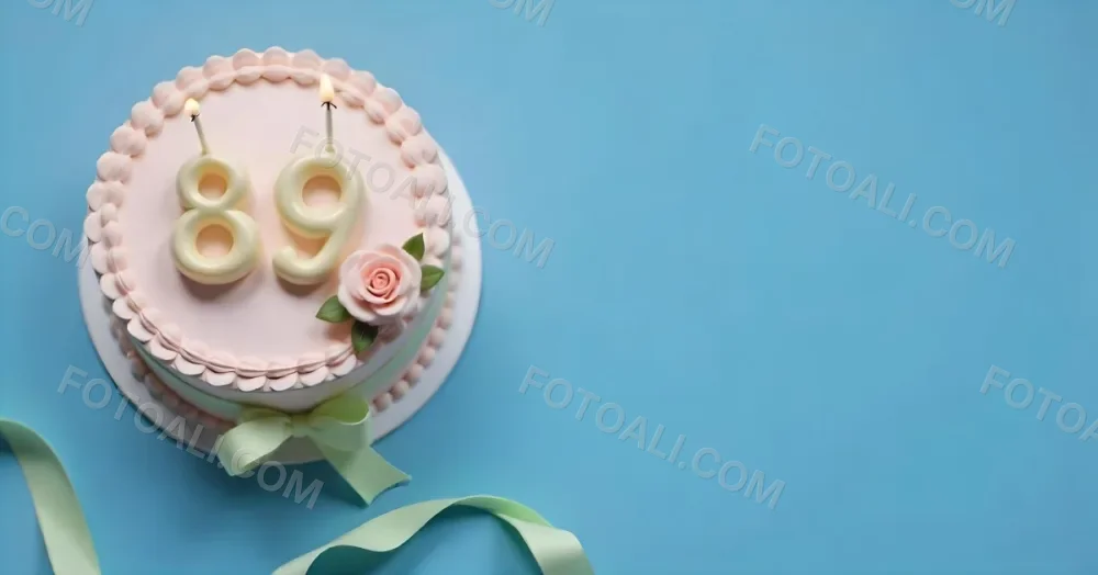 A Pink Cake With Number 89 Candles And A Rose Decoration On Top A Light Green Ribbon On A Blue Background 3 3d86