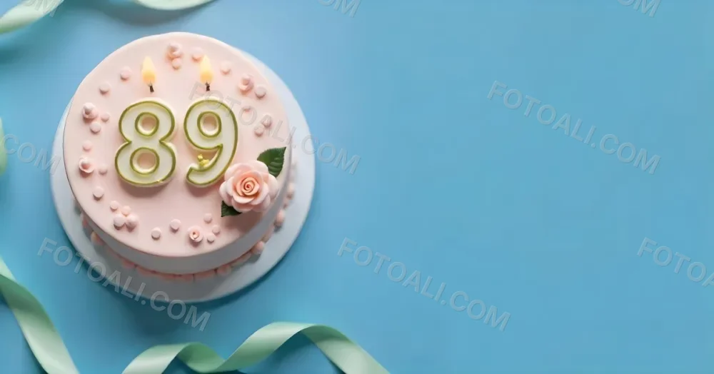 A Pink Cake With Number 89 Candles And A Rose Decoration On Top A Light Green Ribbon On A Blue Background 6 3fc7