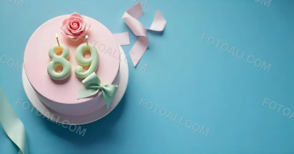 A Pink Cake With Number 89 Candles And A Rose Decoration On Top A Light Green Ribbon On A Blue Background 7 1348