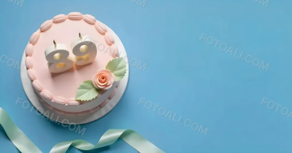 A Pink Cake With Number 89 Candles And A Rose Decoration On Top A Light Green Ribbon On A Blue Background 8 Ca15