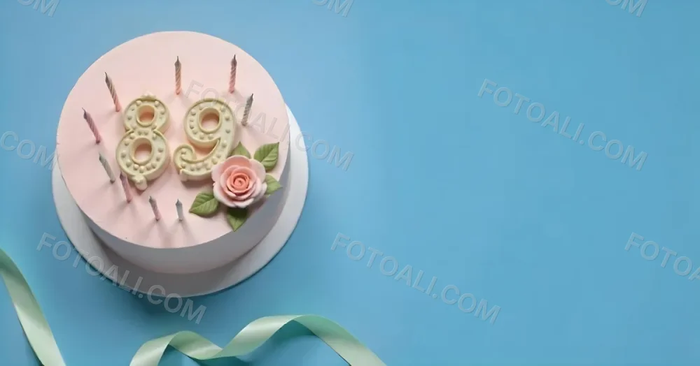 A Pink Cake With Number 89 Candles And A Rose Decoration On Top A Light Green Ribbon On A Blue Background 9 2af6