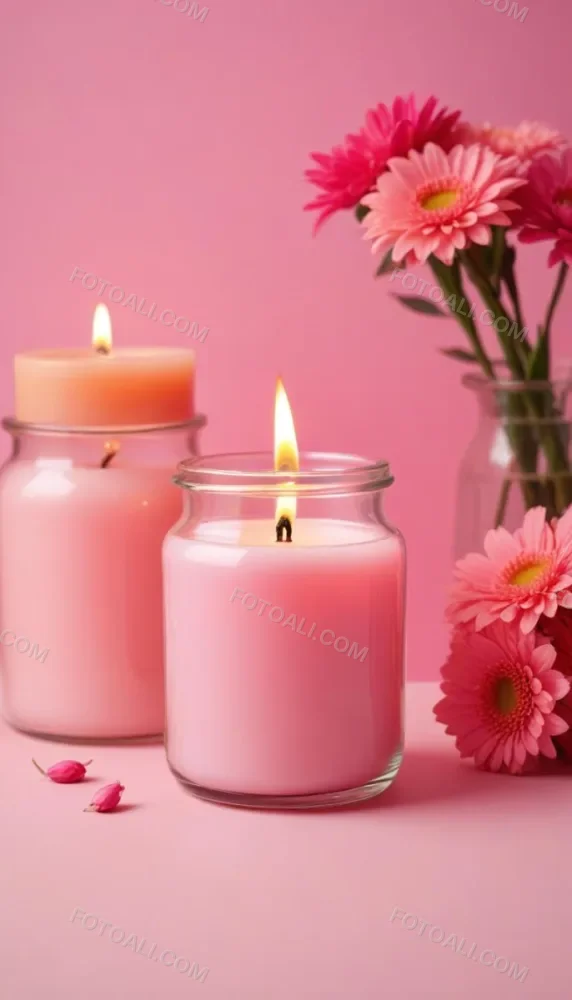 A Pink Candle In A Glass Jar With A Bright Flame Surrounded By Pink Flowers On A Pink Background 1 25ce