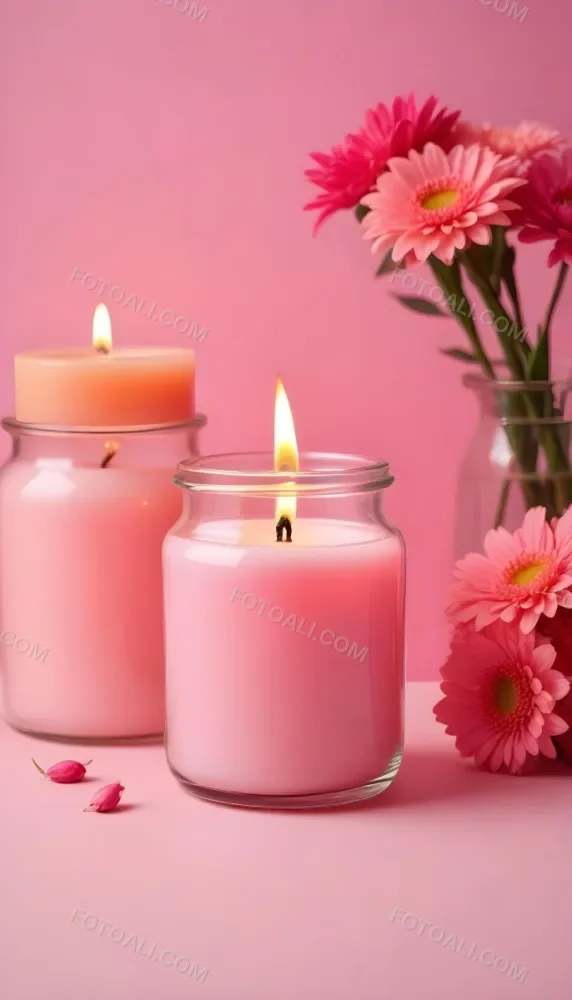 A Pink Candle In A Glass Jar With A Bright Flame Surrounded By Pink Flowers On A Pink Background 1 977d