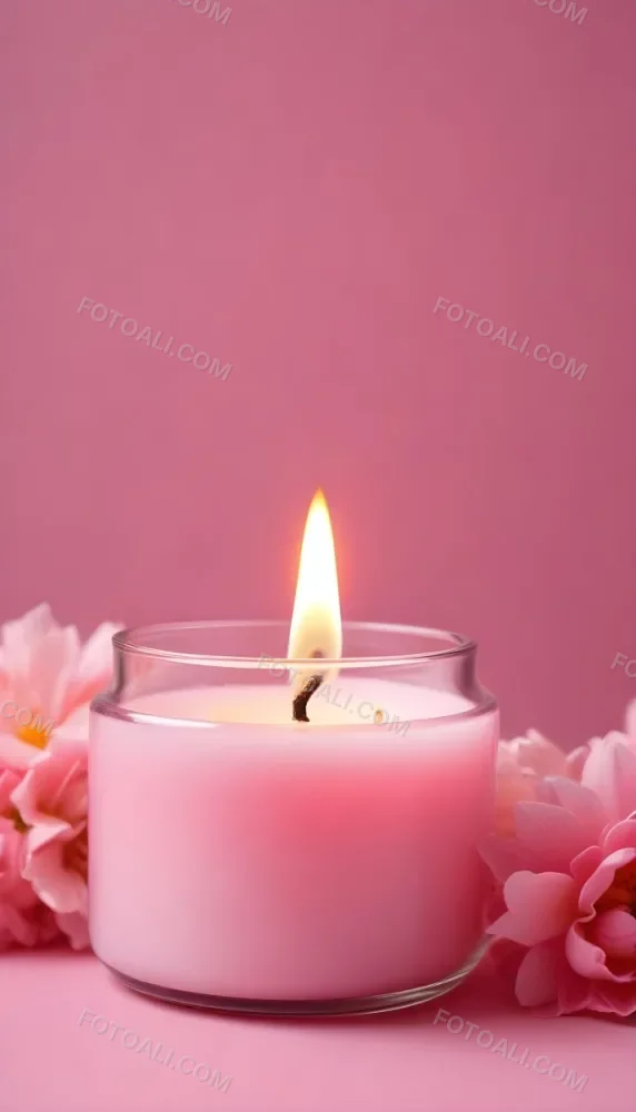 A Pink Candle In A Glass Jar With A Bright Flame Surrounded By Pink Flowers On A Pink Background 14 6588