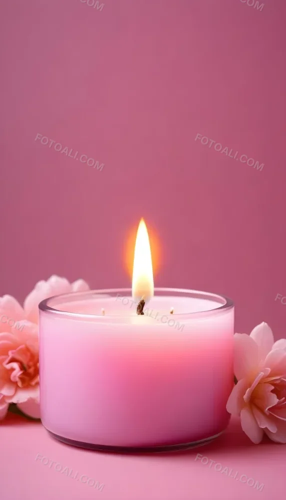 A Pink Candle In A Glass Jar With A Bright Flame Surrounded By Pink Flowers On A Pink Background 25 E648
