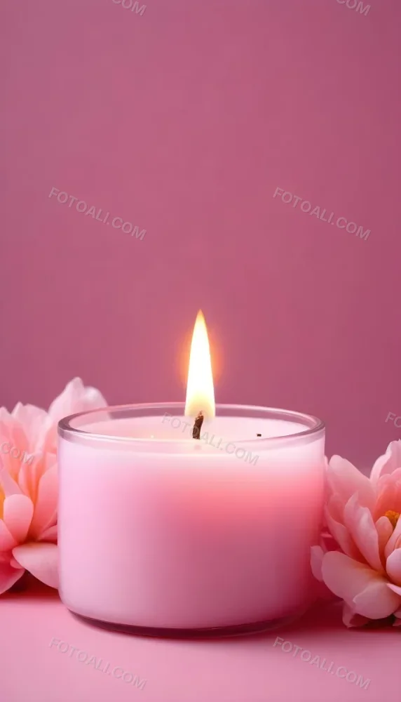 A Pink Candle In A Glass Jar With A Bright Flame Surrounded By Pink Flowers On A Pink Background 26 D989