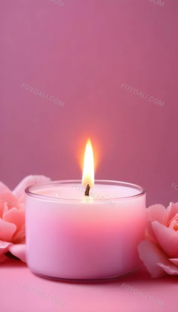 A Pink Candle In A Glass Jar With A Bright Flame Surrounded By Pink Flowers On A Pink Background 28 7518