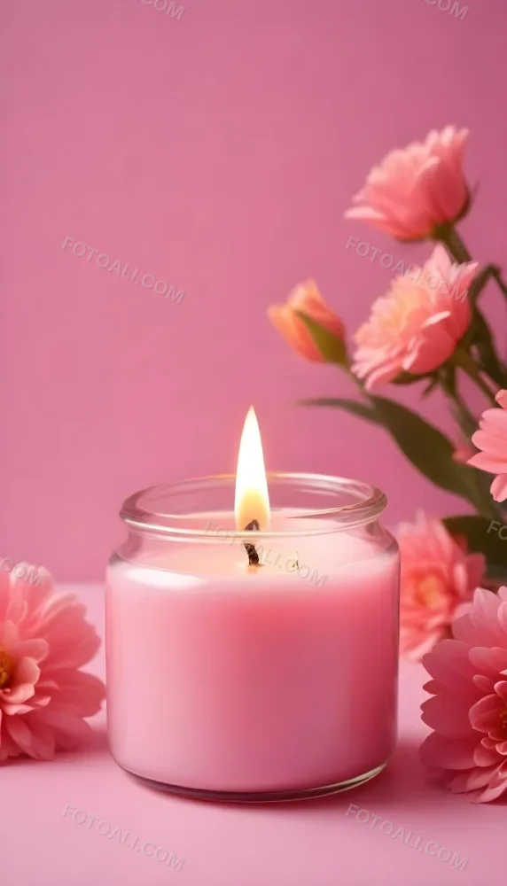 A Pink Candle In A Glass Jar With A Bright Flame Surrounded By Pink Flowers On A Pink Background 3 0a86