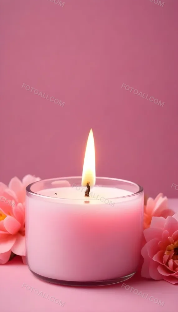 A Pink Candle In A Glass Jar With A Bright Flame Surrounded By Pink Flowers On A Pink Background 4 7a61