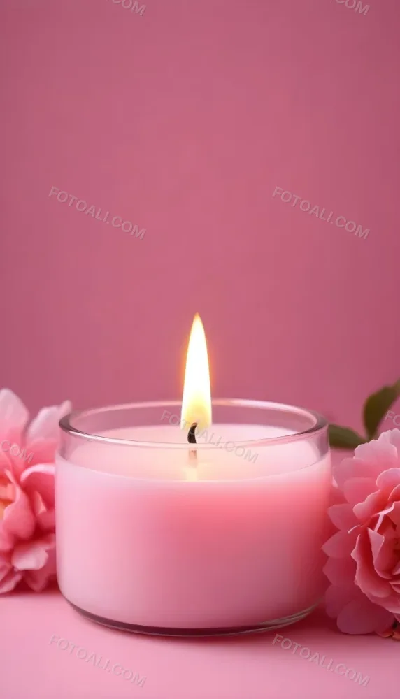 A Pink Candle In A Glass Jar With A Bright Flame Surrounded By Pink Flowers On A Pink Background 5 Cfc9