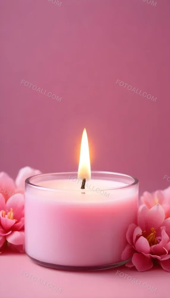 A Pink Candle In A Glass Jar With A Bright Flame Surrounded By Pink Flowers On A Pink Background 6 A458